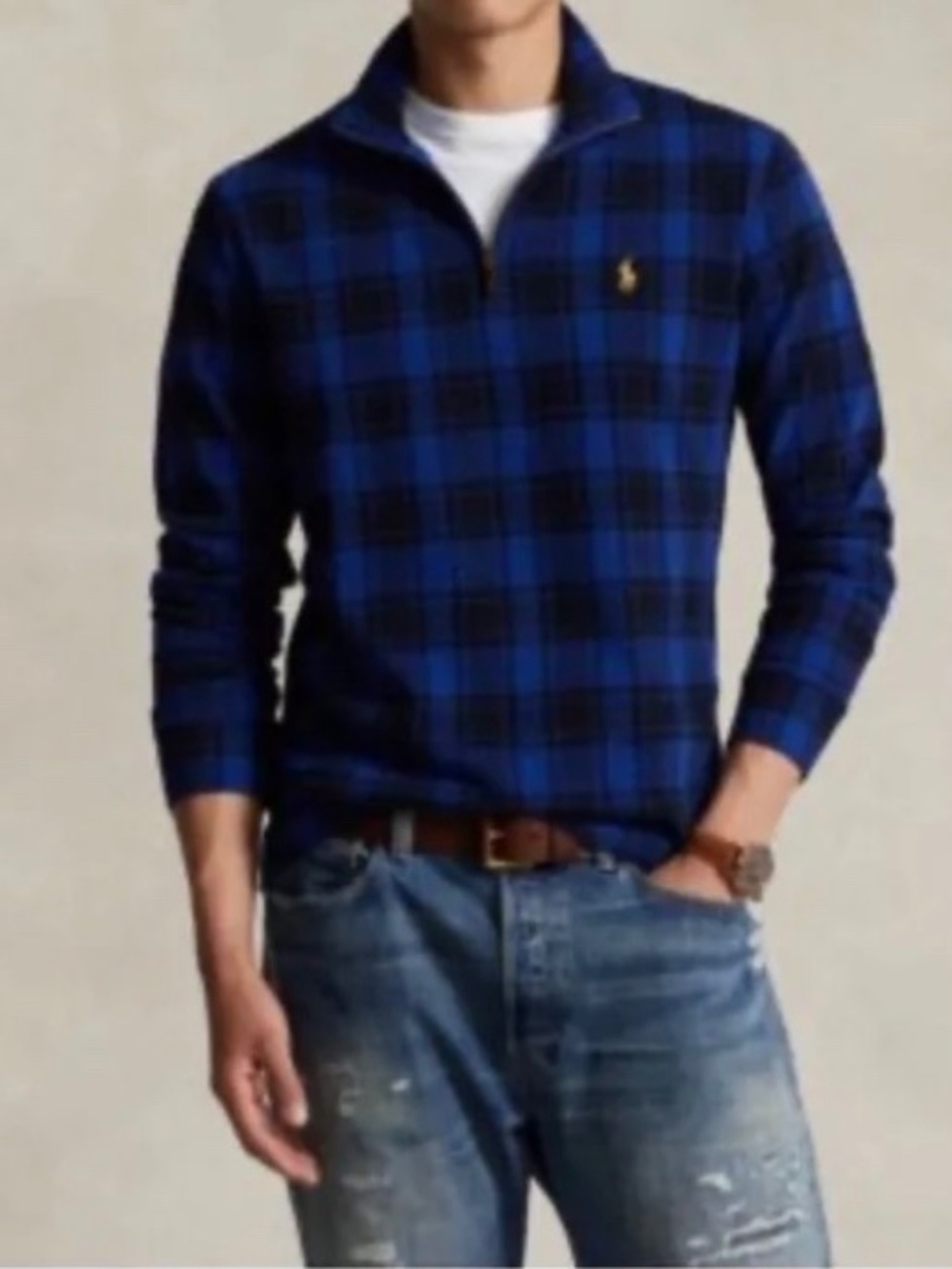 Polo Ralph Lauren 1/4 Zip Cotton Pullover Blue Check Plaid NWT Mens Size Large